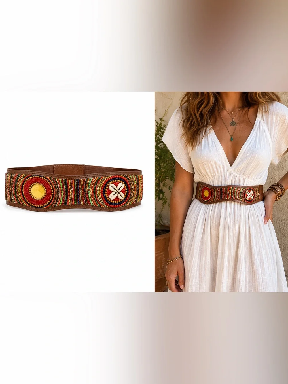 Chico’s Genuine Leather Beaded Stretch Belt Boho Multicolor Shell Accent